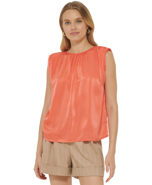 Women's Solid Satin Crewneck Shoulder-Pad Top